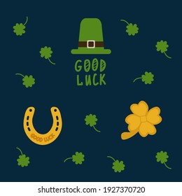 Good Luck card on Patrick's Day. Background with clover, golden horseshoe and hat for the festival. Cartoon poster of good fortune for the home. Drawn in a vector. Vector illustration