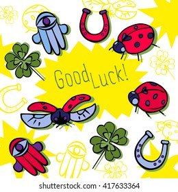 Good luck card. Set of good luck symbols. Vector illustration.