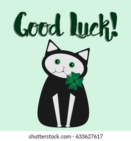 Good luck cat with four-leaf clover vector illustration