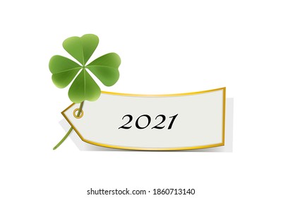 Good Luck Charm For 2021,
New Year's Eve, New Year Card 2021 With Shamrock And Card,
Vector Illustration Isolated On White Background
