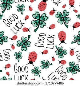 Good luck charms seamless vector pattern. Ladybug, four-leaf clover, Good Luck lettering repeating hand drawn fortune background. Use for New Years, fabrics, packaging