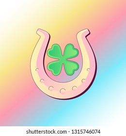 Good Luck Concept. Fortune Metaphor. The Lucky Horseshoe Glitters next to the four-leafed clover leaves on a Gradient Rainbow Background. Vector cute illustration.