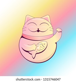 Good Luck Concept. Japanese Fortune Metaphor. Maneki Neko cat with Fish and Raised Pawon on a Gradient Rainbow Background. Vector cute illustration.