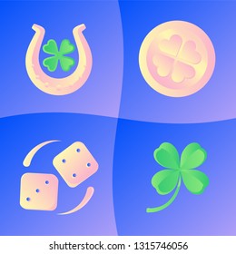 Good Luck Concepts. Fortune Metaphor Set. Symbols:The Lucky Horseshoe next to the four-leafed clover leaves, gold shamrock coin, lucky dices on Gradient Synthwave Background. Vector cute illustration.