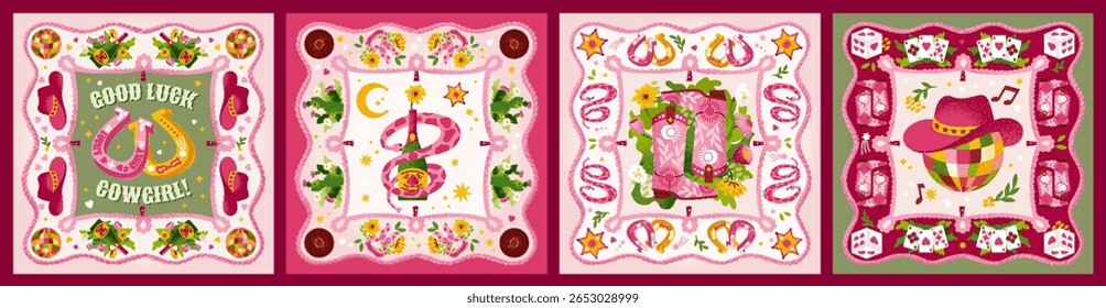 Good Luck Cowgirl! Retro Aesthetic Bandana Set. Vector illustration of boots, cowboy hat, snake, dice, horseshoes and western disco style for fashion poster, background, card and pattern.