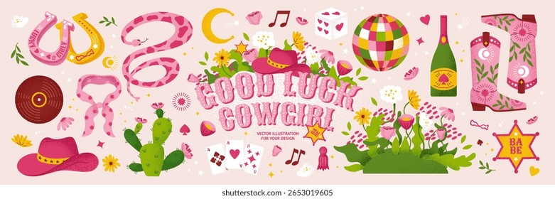 Good Luck Cowgirl! Vector illustration with cowgirl elements in country style. Hat, boots, horseshoe, snake, disco ball and flowers for western poster, card, girly or fun icons. Trendy art.