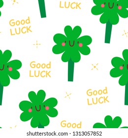 Good Luck - cute vector pattern. Seamless texture with Four Leaf Clover. Funny smiley Clover character. 