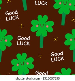 Good Luck - cute vector pattern. Seamless texture with Four Leaf Clover. Funny smiley Clover character. 