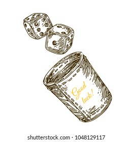 Good luck! Dice and cup. Engraving style. Vector illustration.