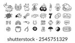 Good Luck doodle Symbols Set. Hand drawn lucky icons. Asian talismans and charms outline set. Vector illustration