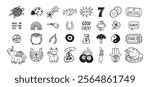 Good Luck doodle Symbols Set. Hand drawn lucky icons. Asian talismans and charms outline set. Vector illustration