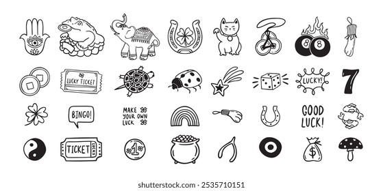 Good Luck doodle Symbols Set. Hand drawn lucky icons. Asian talismans and charms outline set. Vector illustration