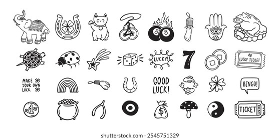 Boa sorte doodle Símbolos Set. Ícones de sorte desenhados à mão. Conjunto de esboços de talismãs e encantos asiáticos. Ilustração vetorial