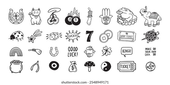 Good Luck doodle Symbols Set. Hand drawn lucky icons. Asian talismans and charms outline set. Vector illustration