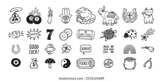 Good Luck doodle Symbols Set. Hand drawn lucky icons. Asian talismans and charms outline set. Vector illustration