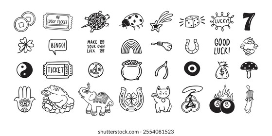 Good Luck doodle Symbols Set. Hand drawn lucky icons. Asian talismans and charms outline set. Vector illustration