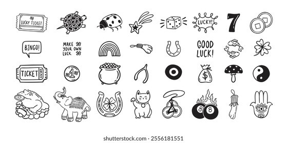 Good Luck doodle Symbols Set. Hand drawn lucky icons. Asian talismans and charms outline set. Vector illustration