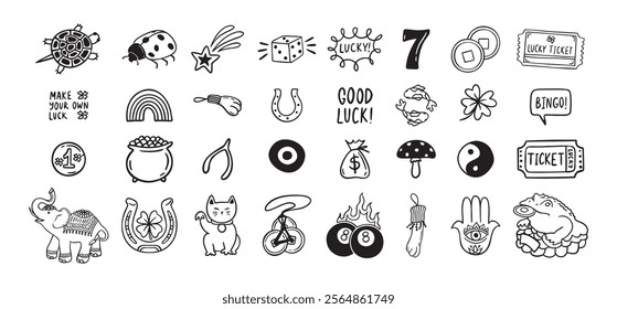 Good Luck doodle Symbols Set. Hand drawn lucky icons. Asian talismans and charms outline set. Vector illustration