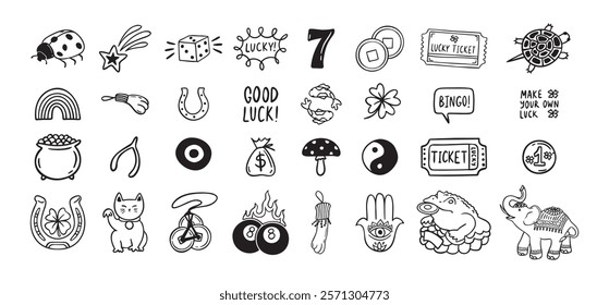 Good Luck doodle Symbols Set. Hand drawn lucky icons. Asian talismans and charms outline set. Vector illustration