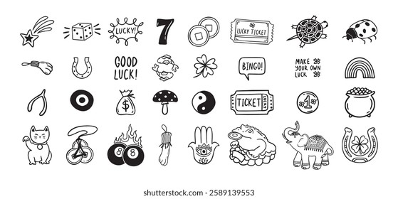 Good Luck doodle Symbols Set. Hand drawn lucky icons. Asian talismans and charms outline set. Vector illustration