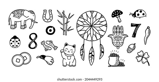 Good Luck and Fortune Big Symbols Set. European and Asian talismans and charms doodle vector illustration. Symbols of success and prosperity