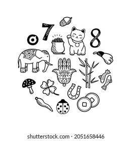 Good Luck and Fortune Symbols Set. European and Asian talismans and charms doodle vector illustration. Symbols of success and prosperity