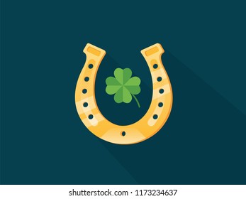 Good luck four leaf clover and horseshoe. Illustration for info graphic, poster, web. Isolated on green background. Vector flat illustration.