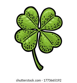 Good luck four leaf clover. Vintage color vector engraving illustration for info graphic, poster, web. Isolated on white background. Hand drawn design element for Saint Patrick's Day poster