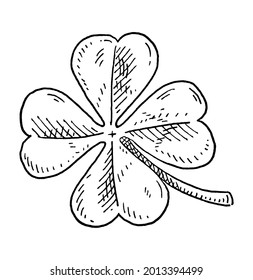 Good luck four leaf clover. Vintage hatching monochrome black illustration. Isolated on white background. Hand drawn ink design