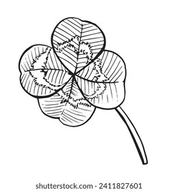 Buena suerte cuatro trébol de hojas. Ilustración de grabado vectorial negro vintage para infografía, afiche, web. Aislado sobre el fondo blanco para el afiche del Día de los Simpatizantes