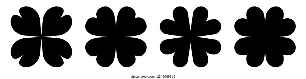 Good luck four leaf clover flat icon set. Clover icons. Clover silhouettes. Good luck fortune flat vector icon set isolated on transparent background. Vector illustration 