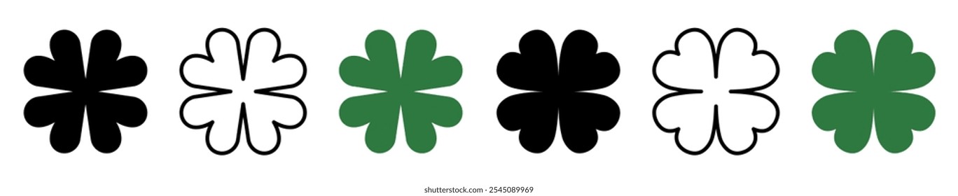 Good luck four leaf clover flat icon set. Clover icons. Clover silhouettes. Good luck fortune flat vector icon set isolated on transparent background. Vector illustration 