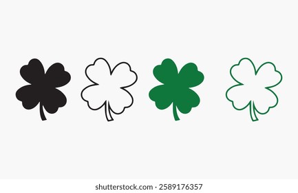 Good luck four leaf clover flat icon set isolated on white background.Vector illustration of bright green four leaf clover.Lucky Shamrock Flat Design St. Patrick's Day Icon.Clover leaf silhouette.