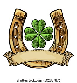 Good luck four leaf clover and horseshoe with ribbon. Vintage vector color engraving illustration for info graphic, poster, web. Isolated on white background.