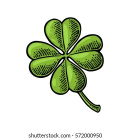 Good luck four leaf clover. Vintage color vector engraving illustration for info graphic, poster, web. Isolated on white background for Saint Patrick's Day poster