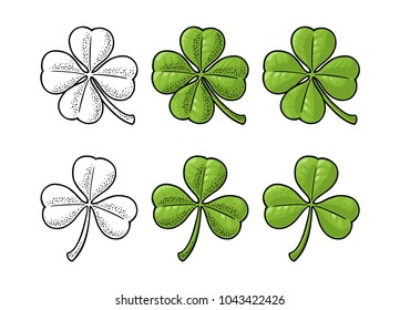 Good luck four and three leaf clover. Vintage color and black vector engraving illustration isolated on white background. Hand drawn design element for Saint Patrick's Day poster