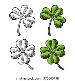 Good luck four and three leaf clover. Vintage color and black vector engraving illustration for info graphic, poster, web. Isolated on white background for Saint Patrick's Day poster