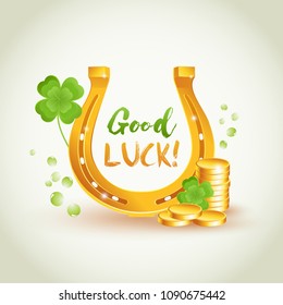 Good luck golden horseshoe with lucky  four leaves clover.  Good luck and wealth symbols. Good luck vector sign illustration.