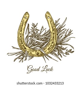 Good luck. Golden horseshoe and straw. Engraving style. Vector illustration.