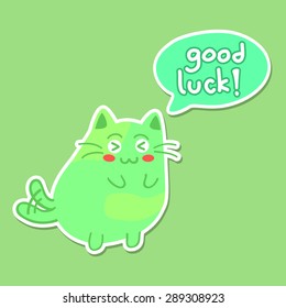 Good Luck Green Cat. Editable vector illustration of a cute green cat give support.
