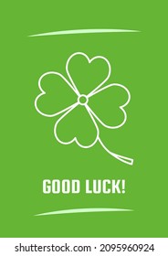 Good luck green postcard with linear glyph icon. Comforting words. Greeting card with decorative vector design. Simple style poster with creative lineart illustration. Flyer with holiday wish