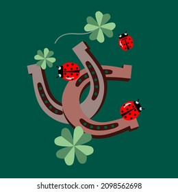 Good luck greeting card with horse shoes, ladybugs and leaves.