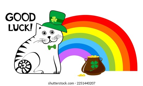 Good luck! Happy St. Patrick's day. Holiday Greeting Card. Celebration white background with cat  in St. Patrick's Day costume, rainbow  and place for your text.  Vector illustration