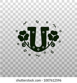 Good luck horseshoe with shamrock plants - black silhouette, icon on isolated transparent background. Lucky horse shoe decorated with trefoils - Irish, Saint Patrick's Day symbol, pictogram, sign.