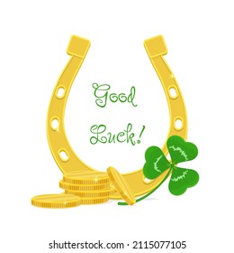 Good luck illustration. Golden horseshoe, shamrock and coins.