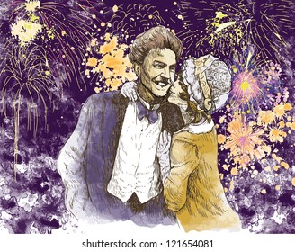 Good luck kiss in front of the evening fireworks - Hand drawing into vector.