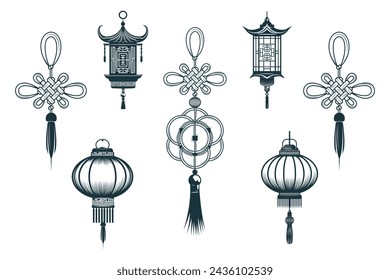 Nudos de buena suerte y colección de linternas chinas.  Conjunto aislado dibujado a mano de símbolos tradicionales de Feng Shui y elementos de decoración. Ilustración vectorial para tatuaje, tarjetas de felicitación e impresión.