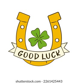 Good Luck lettering with horseshoe and clover. St. Patrick's Day. Cartoon. Vector illustration. Isolated on white background