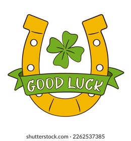 Good Luck lettering with horseshoe and clover. St. Patrick's Day greeting card. Cartoon. Vector illustration. Isolated on white background