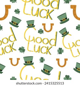 Good luck lettering pattern with magic horseshoe, clover, leprechaun hat. For wrapping paper, seasonal decor.